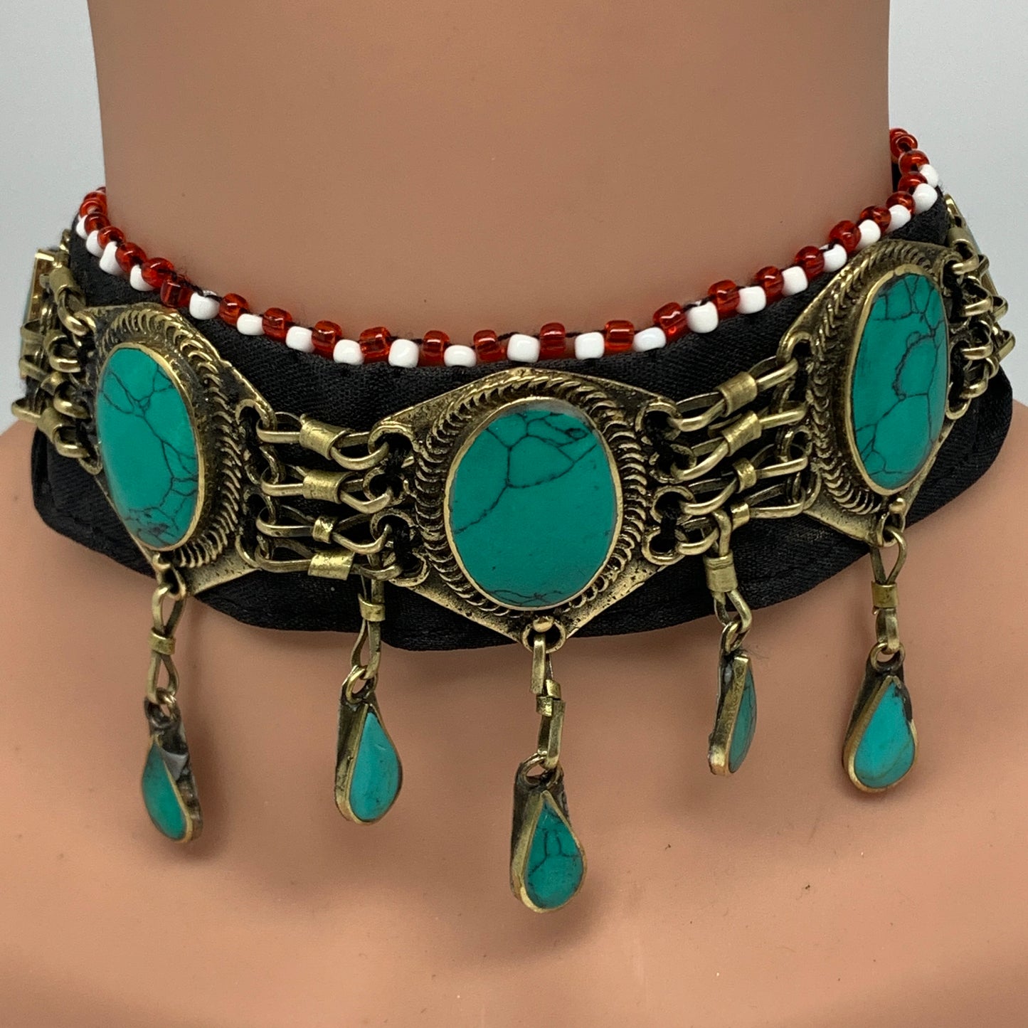 1pc, 24" Choker Necklace Afghan Turkmen Tribal 5 Cab Turquoise Inlay Fashion,B13