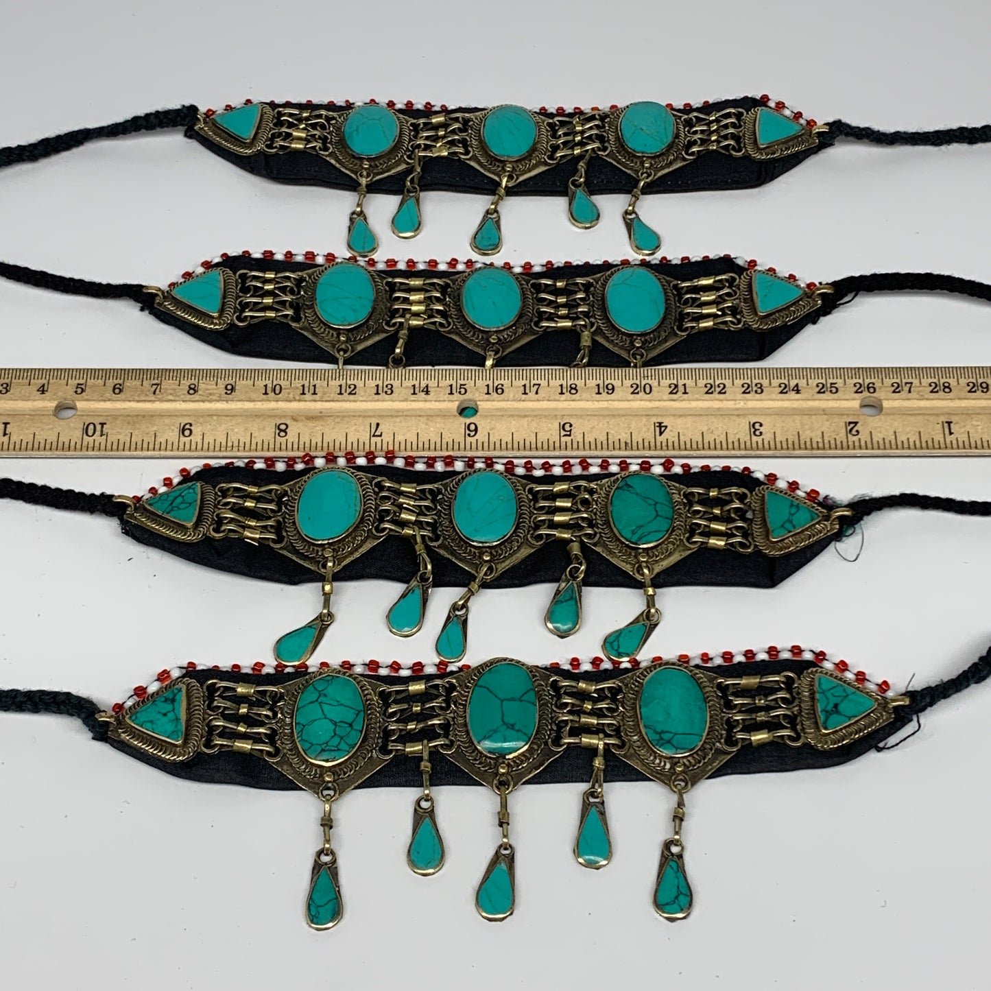 1pc, 24" Choker Necklace Afghan Turkmen Tribal 5 Cab Turquoise Inlay Fashion,B13