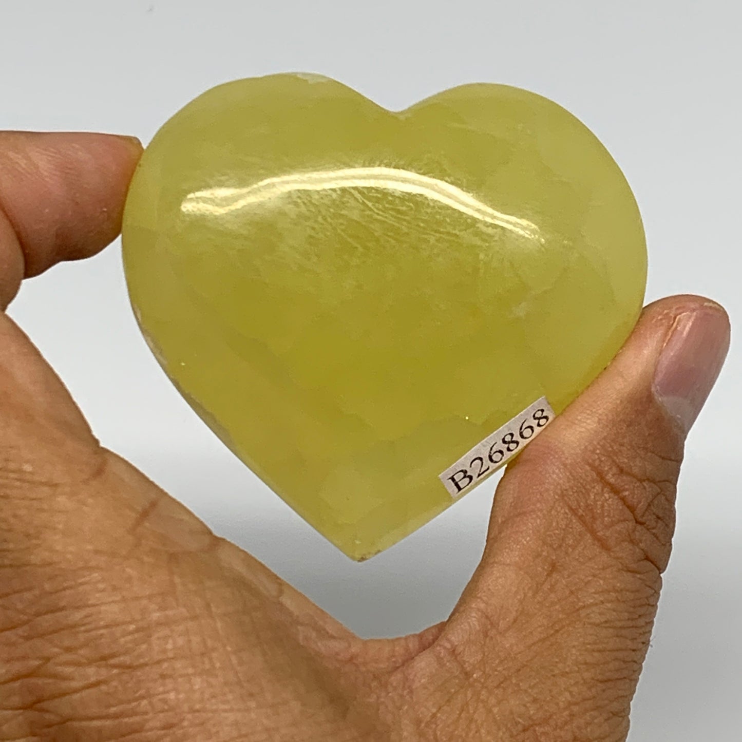 111.4g, 2.1"x2.3"x1" Lemon Calcite Heart Crystal Gemstones @Afghanistan, B26868