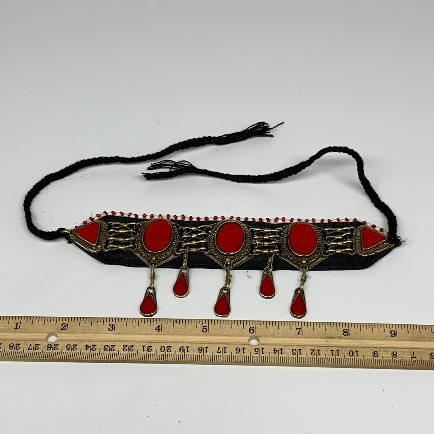 1pc, 20-24" Choker Necklace Afghan Turkmen Tribal 5 Cab Red Coral Inlay Fashion,