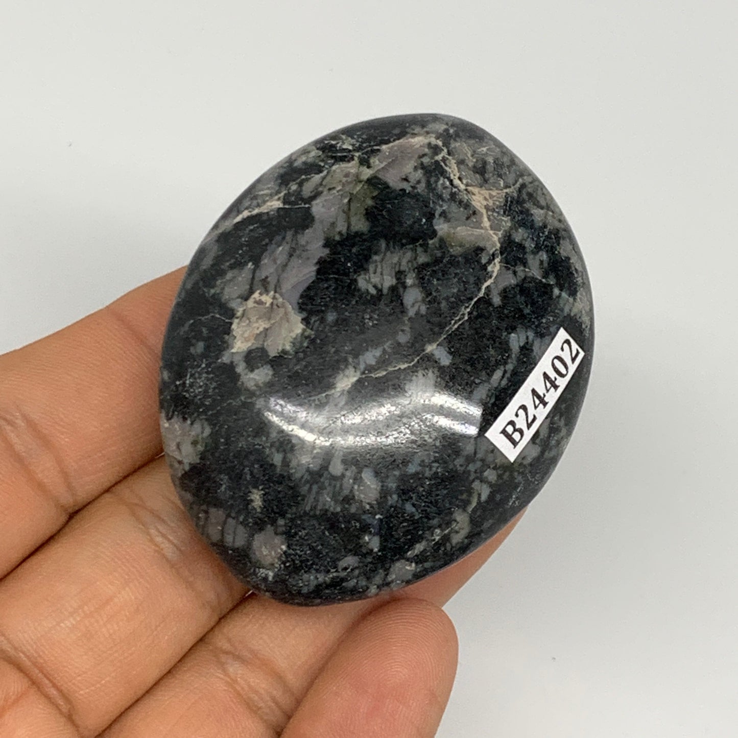 83.9g, 2.3"x1.8"x0.8", Indigo Gabro (Merlinite) Palm-Stone @Madagascar, B24402