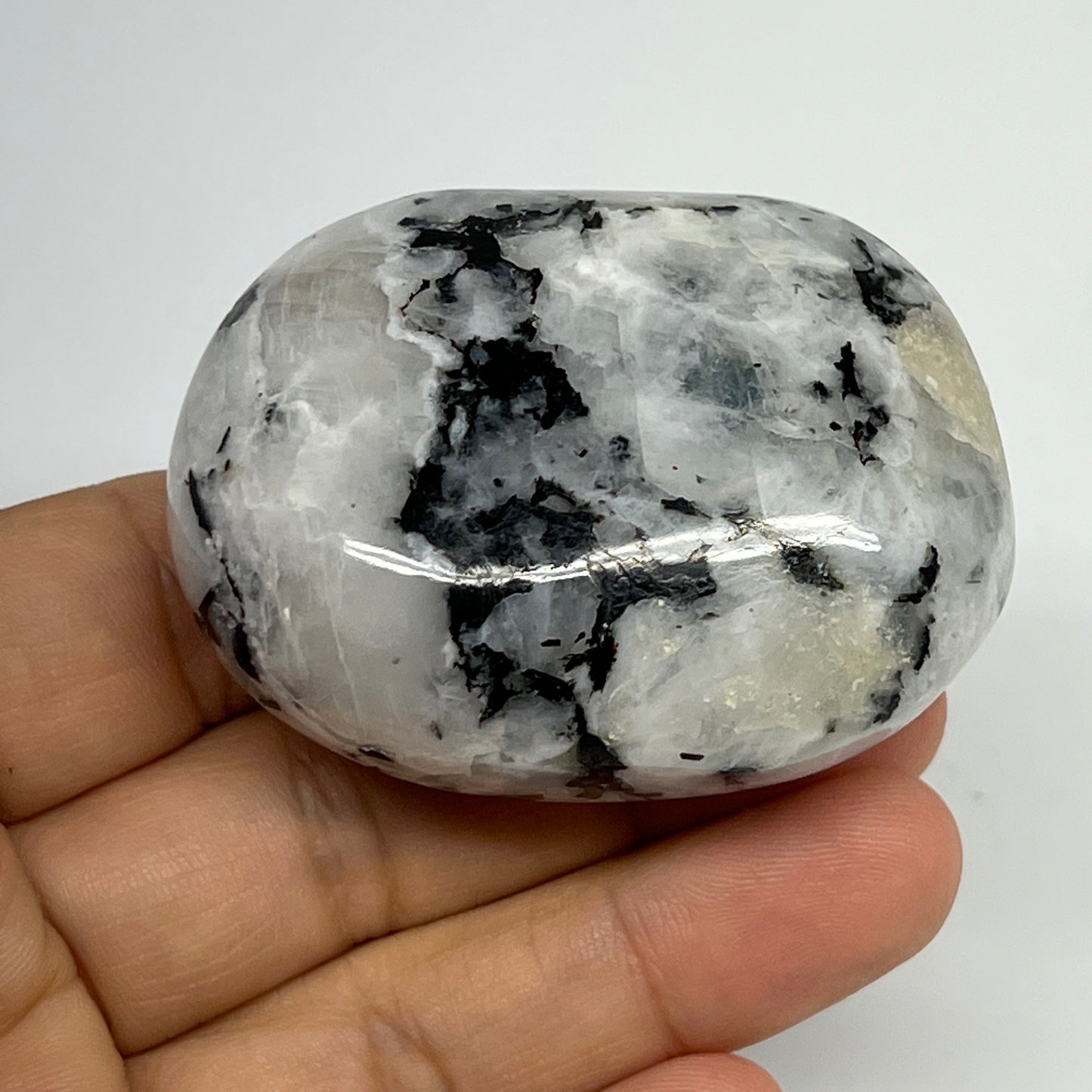 106.6g,2.2"x1.7"x1.1", Rainbow Moonstone Palm-Stone Polished from India, B21299