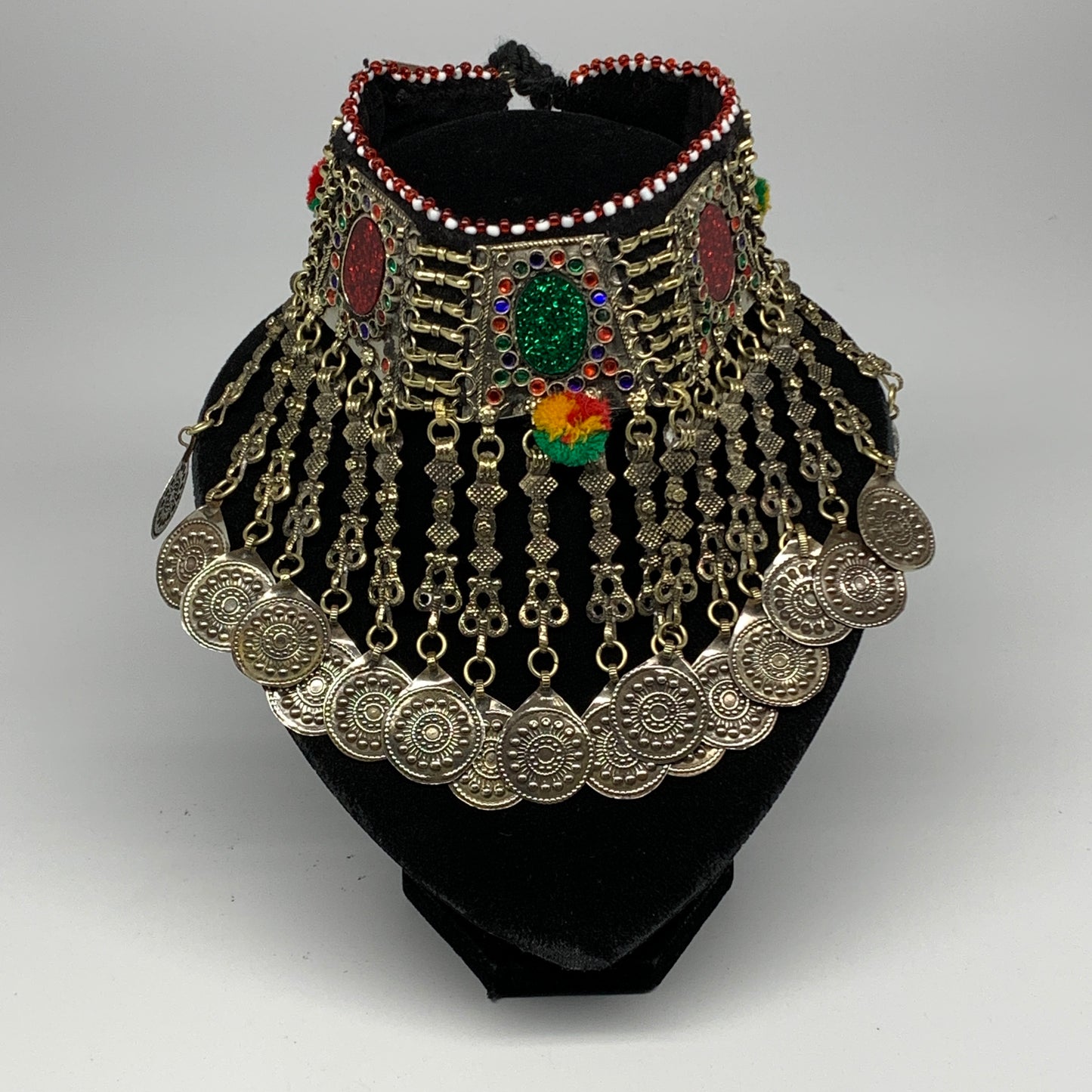 211g, 12"x5.5"Kuchi Choker Necklace Multi-Color Tribal Gypsy Bohemian,B14026