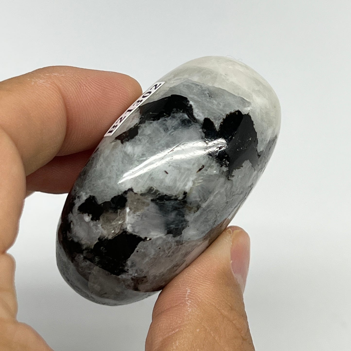 110.9g,2.1"x1.7"x1.1", Rainbow Moonstone Palm-Stone Polished from India, B21302
