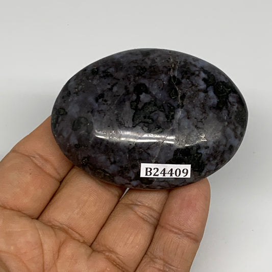 92.1g, 2.6"x1.9"x0.8", Indigo Gabro (Merlinite) Palm-Stone @Madagascar, B24409