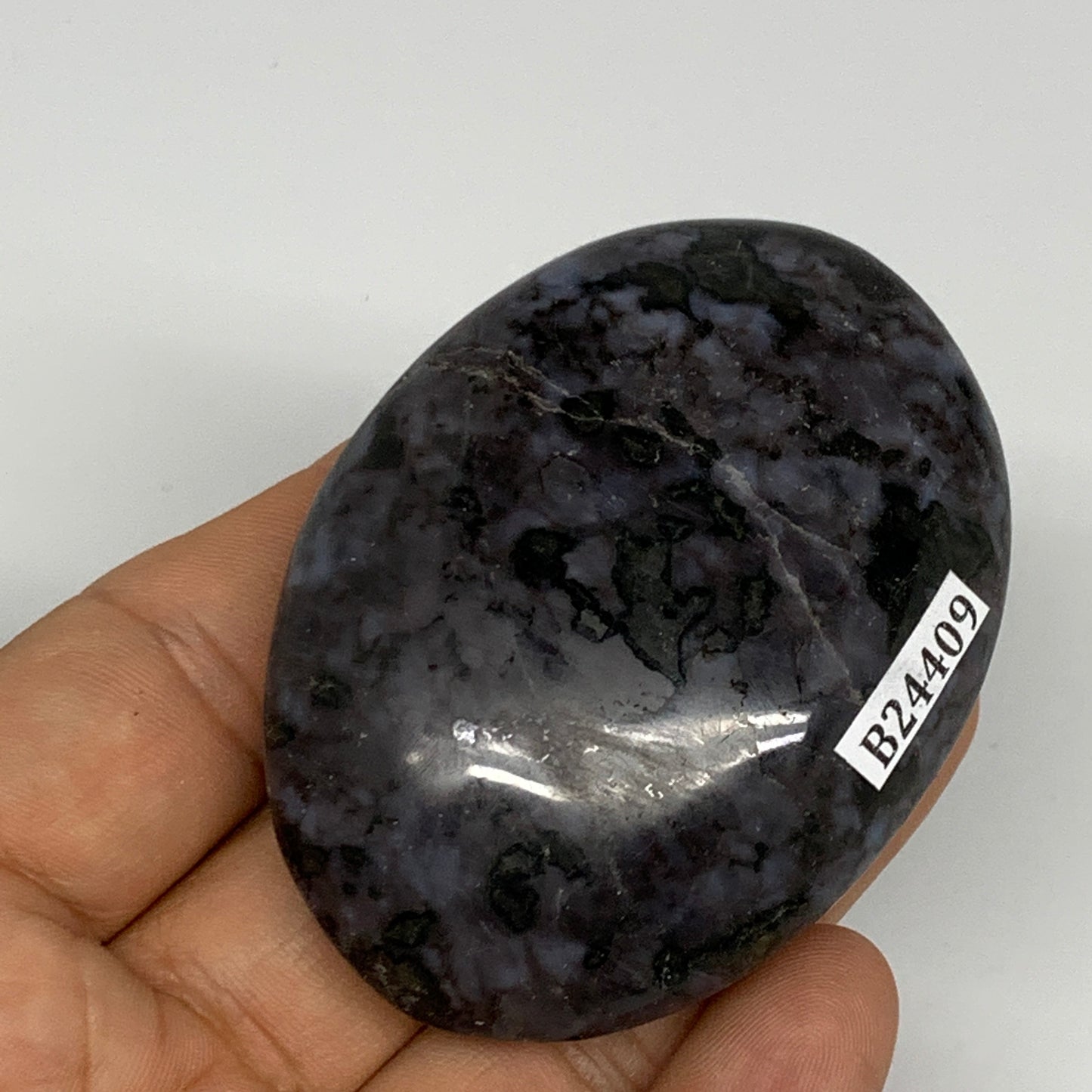 92.1g, 2.6"x1.9"x0.8", Indigo Gabro (Merlinite) Palm-Stone @Madagascar, B24409
