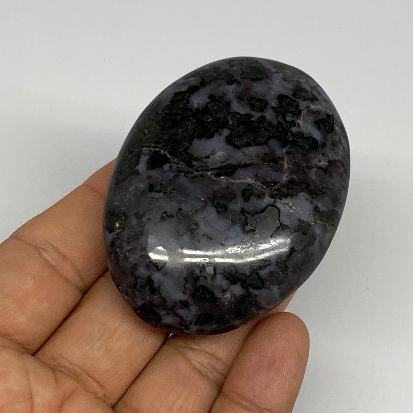 92.1g, 2.6"x1.9"x0.8", Indigo Gabro (Merlinite) Palm-Stone @Madagascar, B24409
