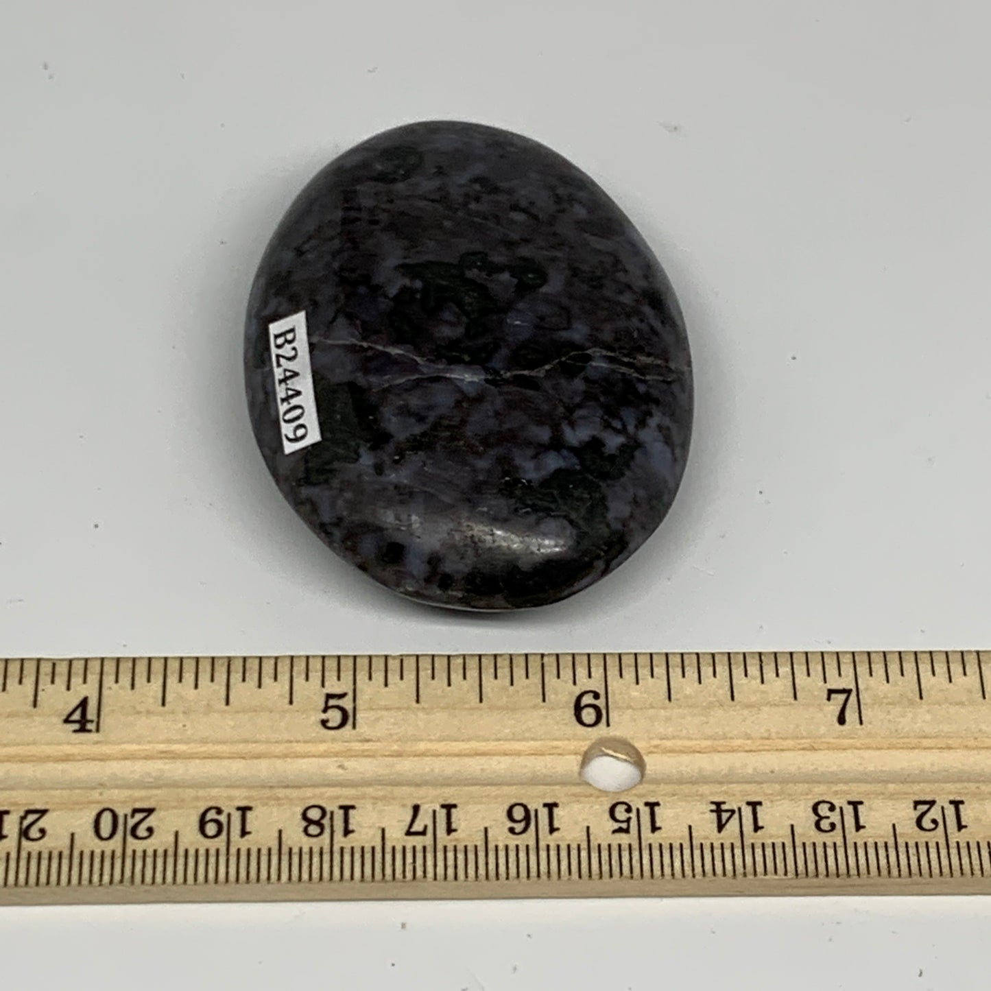 92.1g, 2.6"x1.9"x0.8", Indigo Gabro (Merlinite) Palm-Stone @Madagascar, B24409