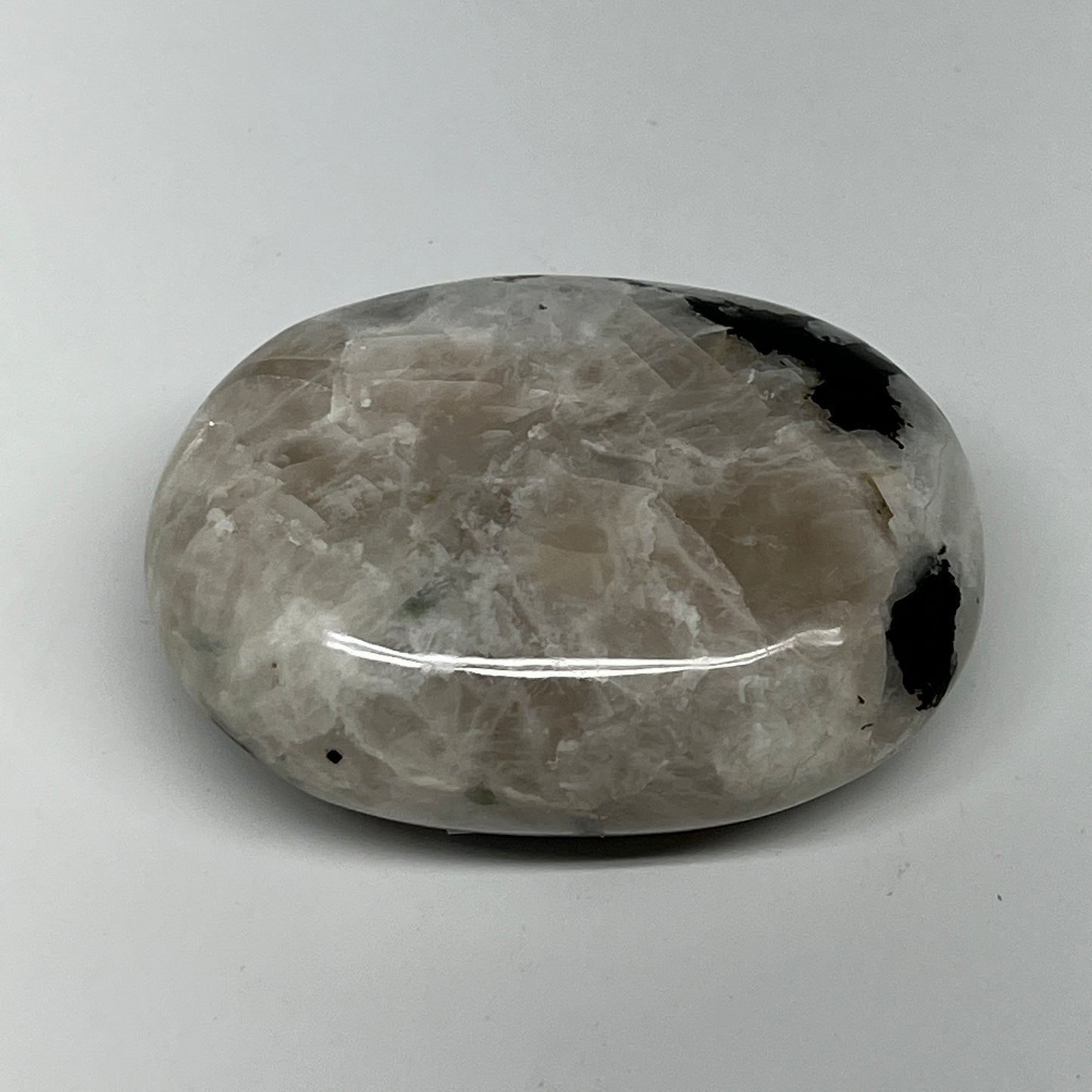 108.7g,2.4"x1.8"x0.9", Rainbow Moonstone Palm-Stone Polished from India, B21306