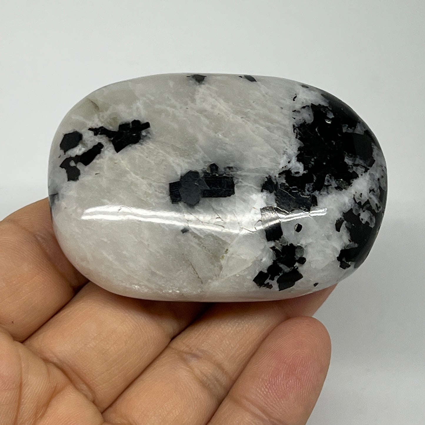 103g,2.5"x1.8"x0.9", Rainbow Moonstone Palm-Stone Polished from India, B21310