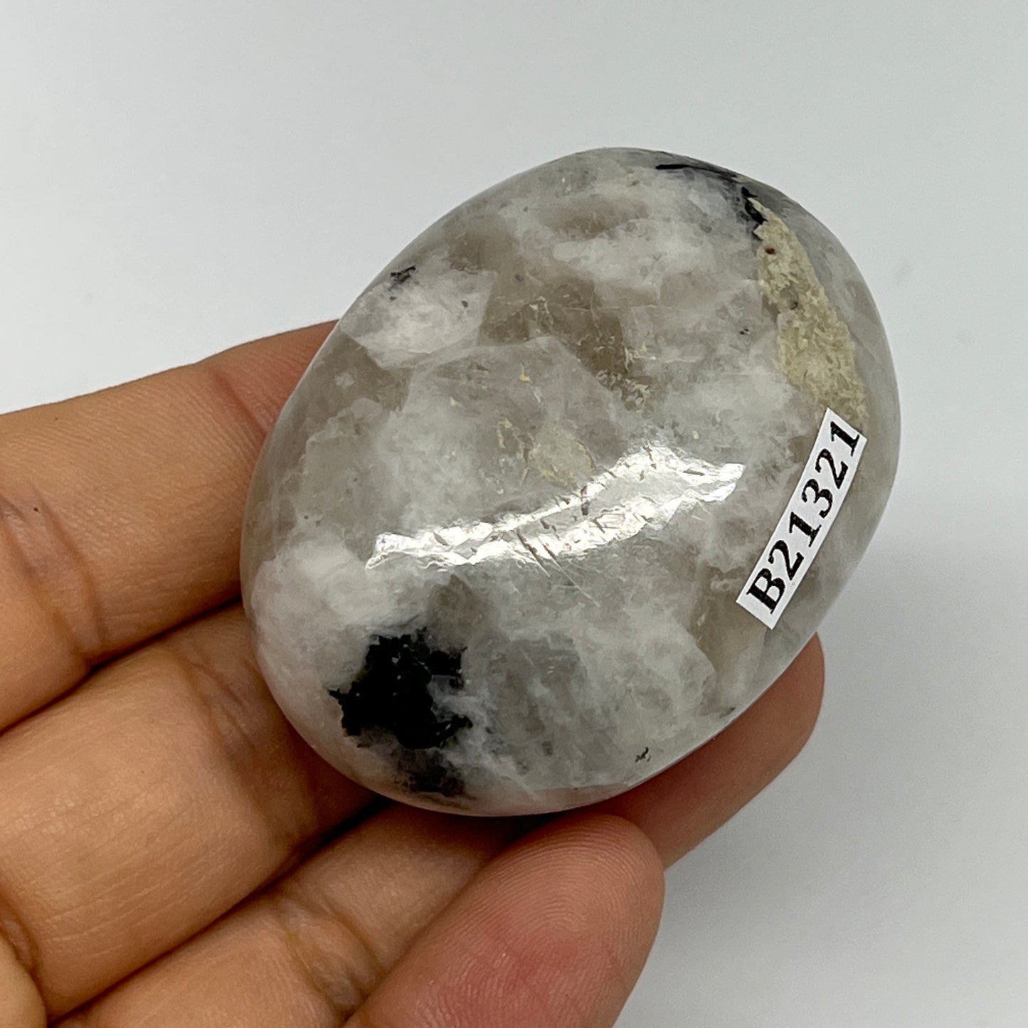 76.6g,2"x1.5"x1", Rainbow Moonstone Palm-Stone Polished from India, B21321
