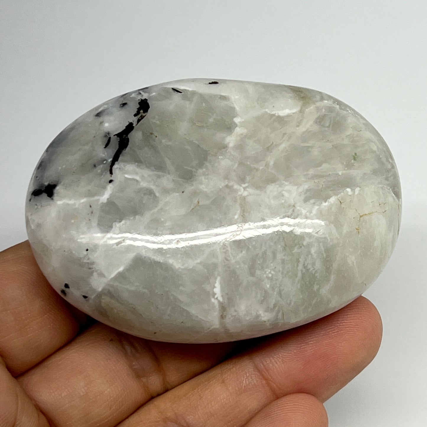 127.3g,2.6"x1.9"x1", Rainbow Moonstone Palm-Stone Polished from India, B21322