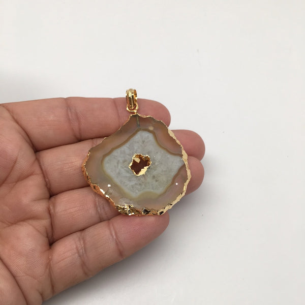 50.5 cts Agate Druzy Slice Geode Pendant Electroplated Gold Plated @India, D326 - watangem.com