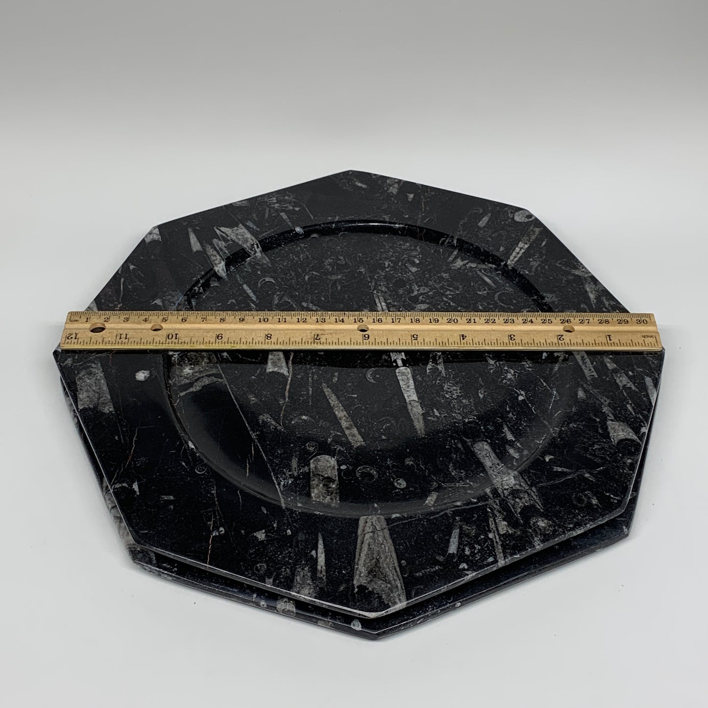 2pcs, 12" Large Octagon Shape Black Fossils Orthoceras Plates @Morocco, B8288