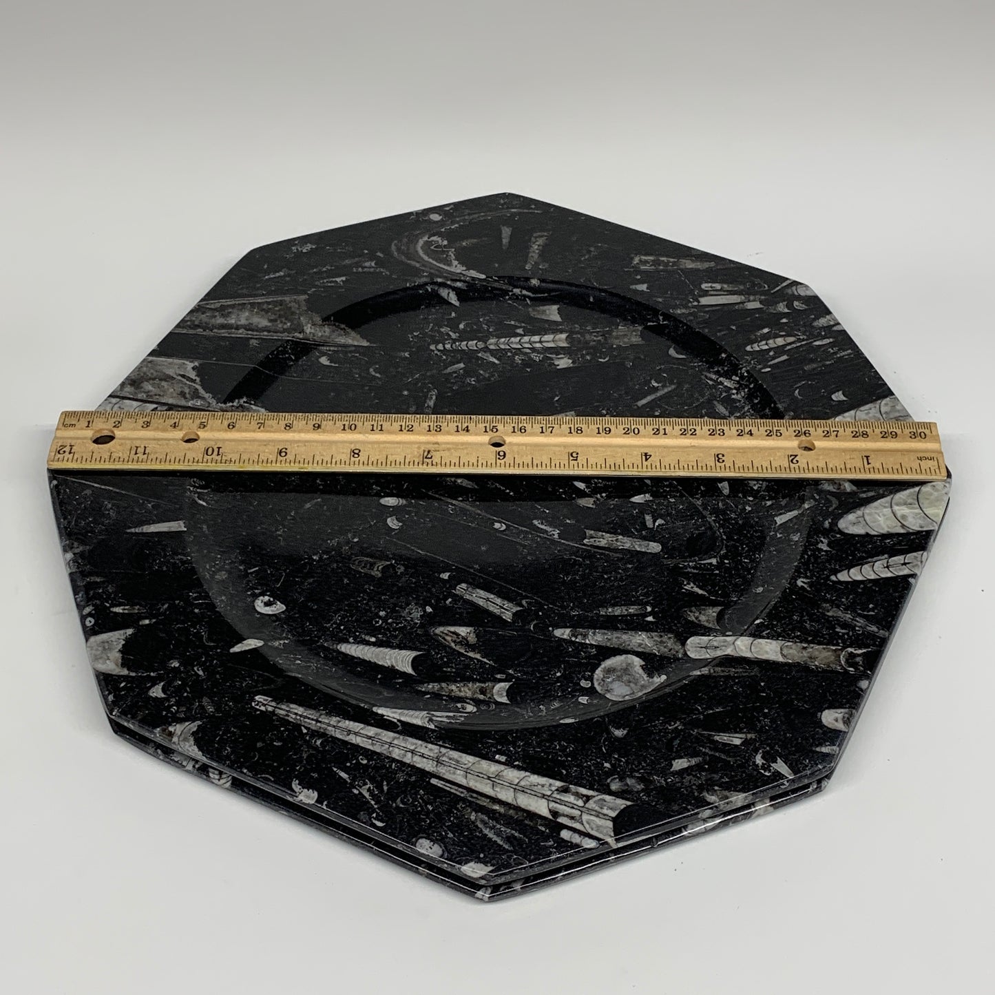 2pcs, 12" Large Octagon Shape Black Fossils Orthoceras Plates @Morocco, B8289