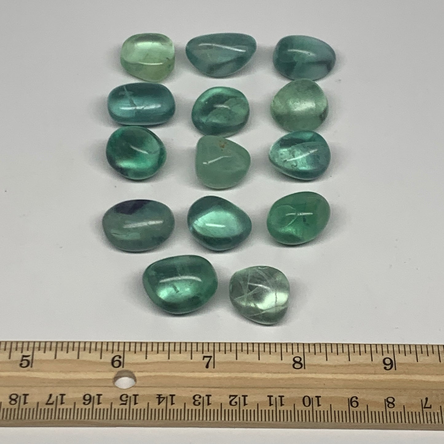 111.6g, 0.6"-1", 14pcs, Green Fluorite Crystal Tumbled Stones, B26937