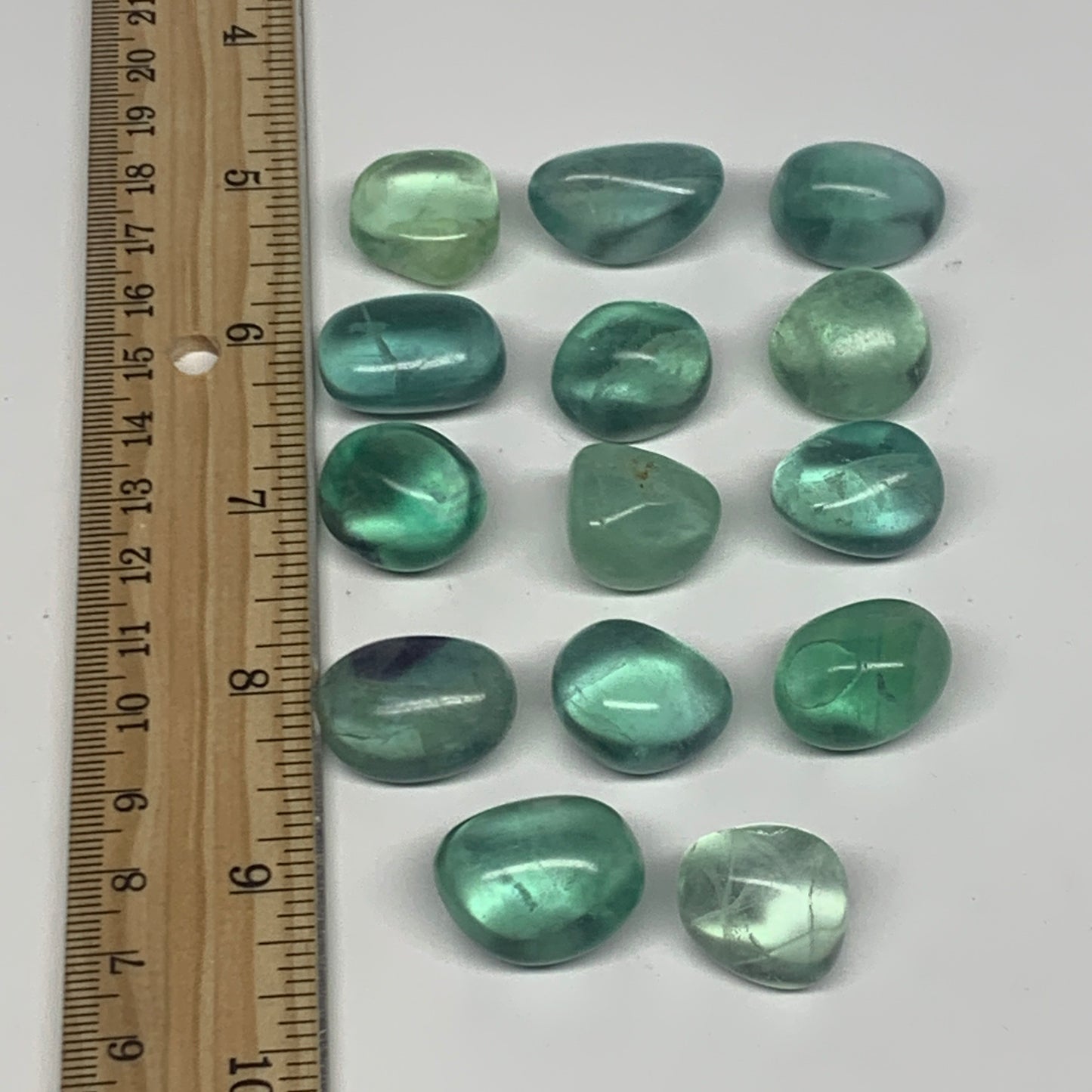 111.6g, 0.6"-1", 14pcs, Green Fluorite Crystal Tumbled Stones, B26937