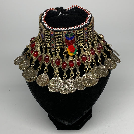 295g, 11.75"x4.5"Kuchi Choker Necklace Multi-Color Tribal Gypsy Bohemian,B14065