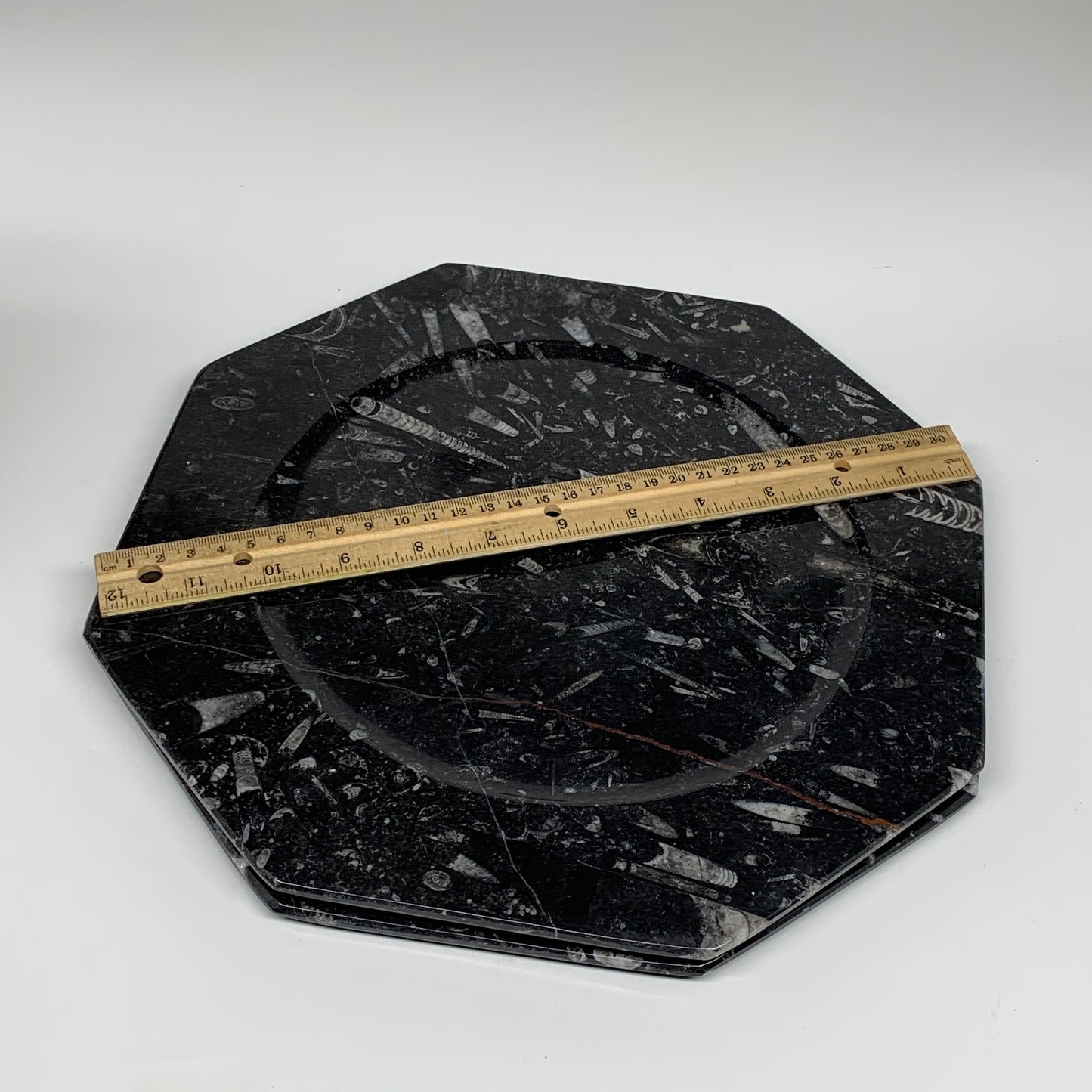 2pcs, 12" Large Octagon Shape Black Fossils Orthoceras Plates @Morocco, B8300