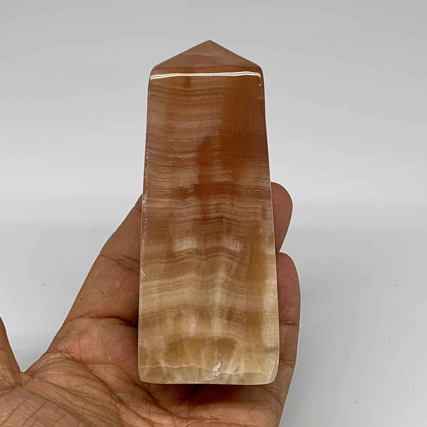 359g, 4"x1.6"x1.6", Honey Calcite Point Tower Obelisk Crystal @Pakistan, B25304