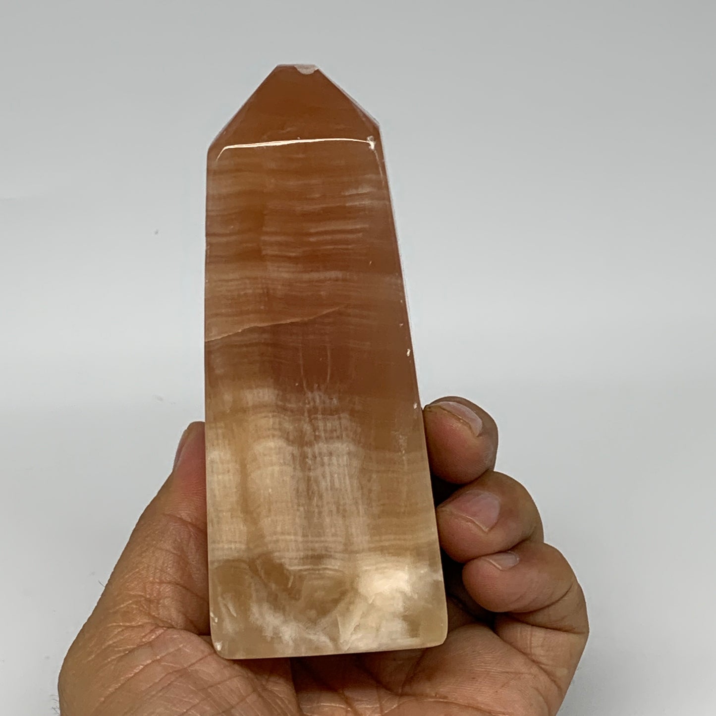 394.6g, 4.1"x1.7"x1.8", Honey Calcite Point Tower Obelisk Crystal @Pakistan, B25