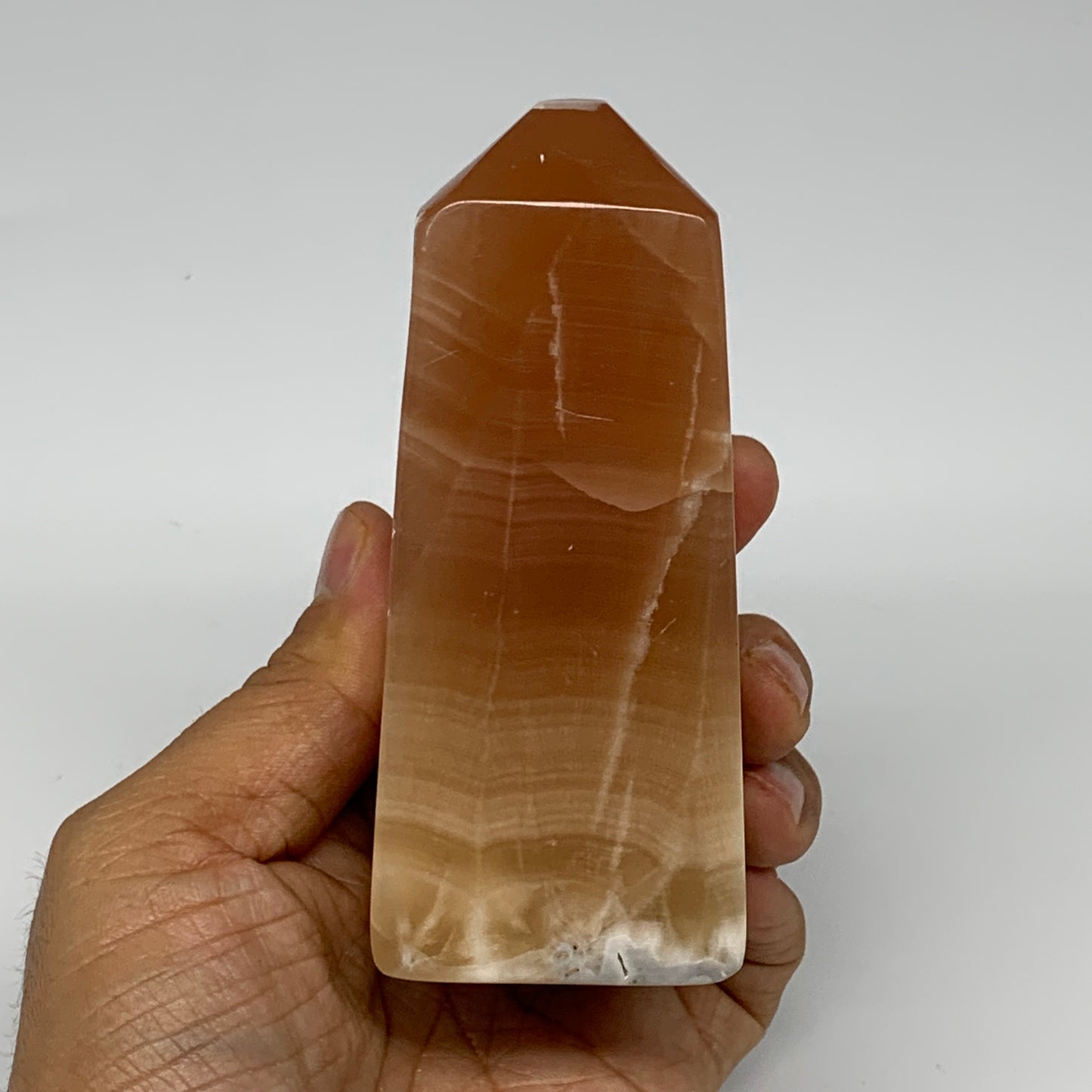 394.6g, 4.1"x1.7"x1.8", Honey Calcite Point Tower Obelisk Crystal @Pakistan, B25