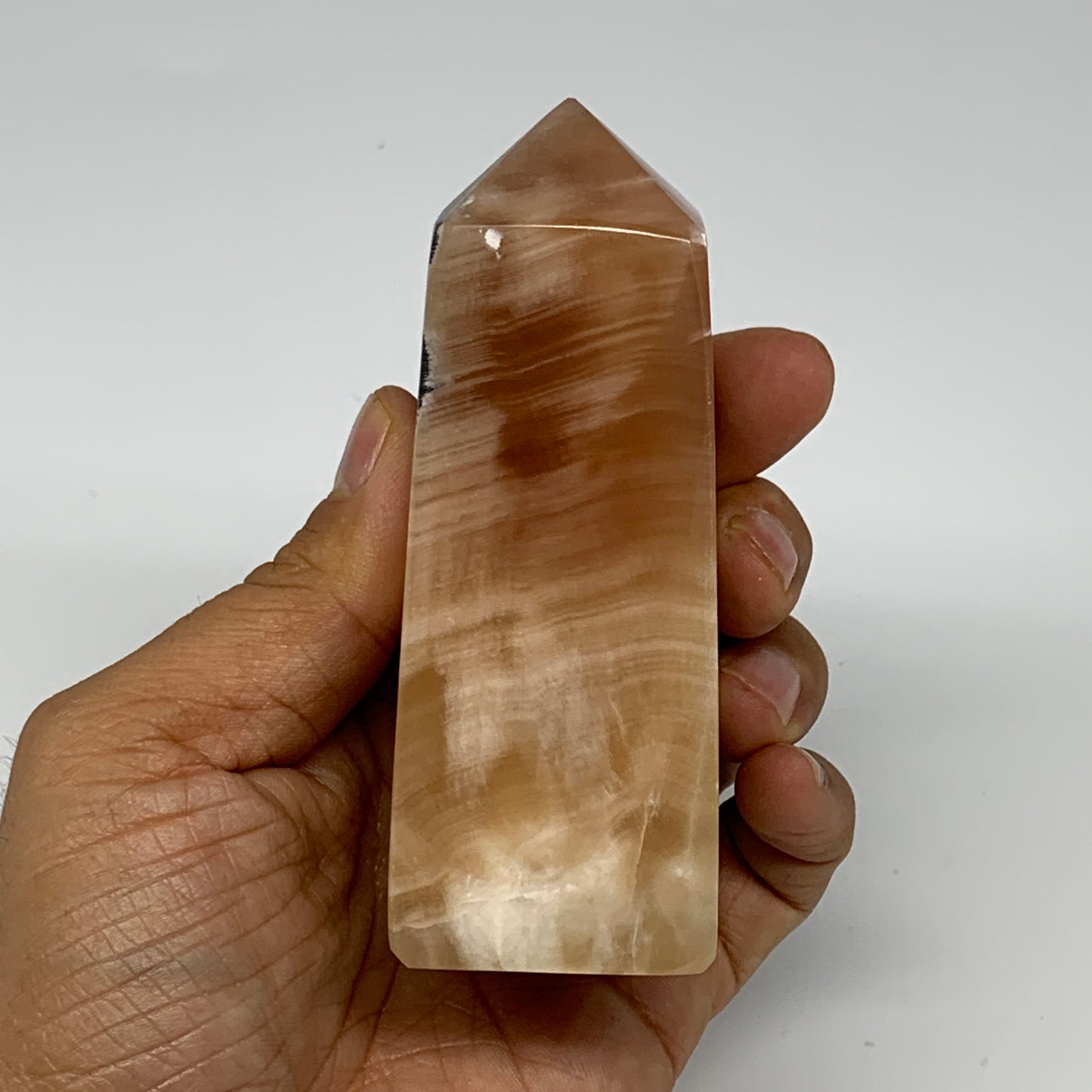 325g, 3.8"x1.7"x1.5", Honey Calcite Point Tower Obelisk Crystal @Pakistan, B2530