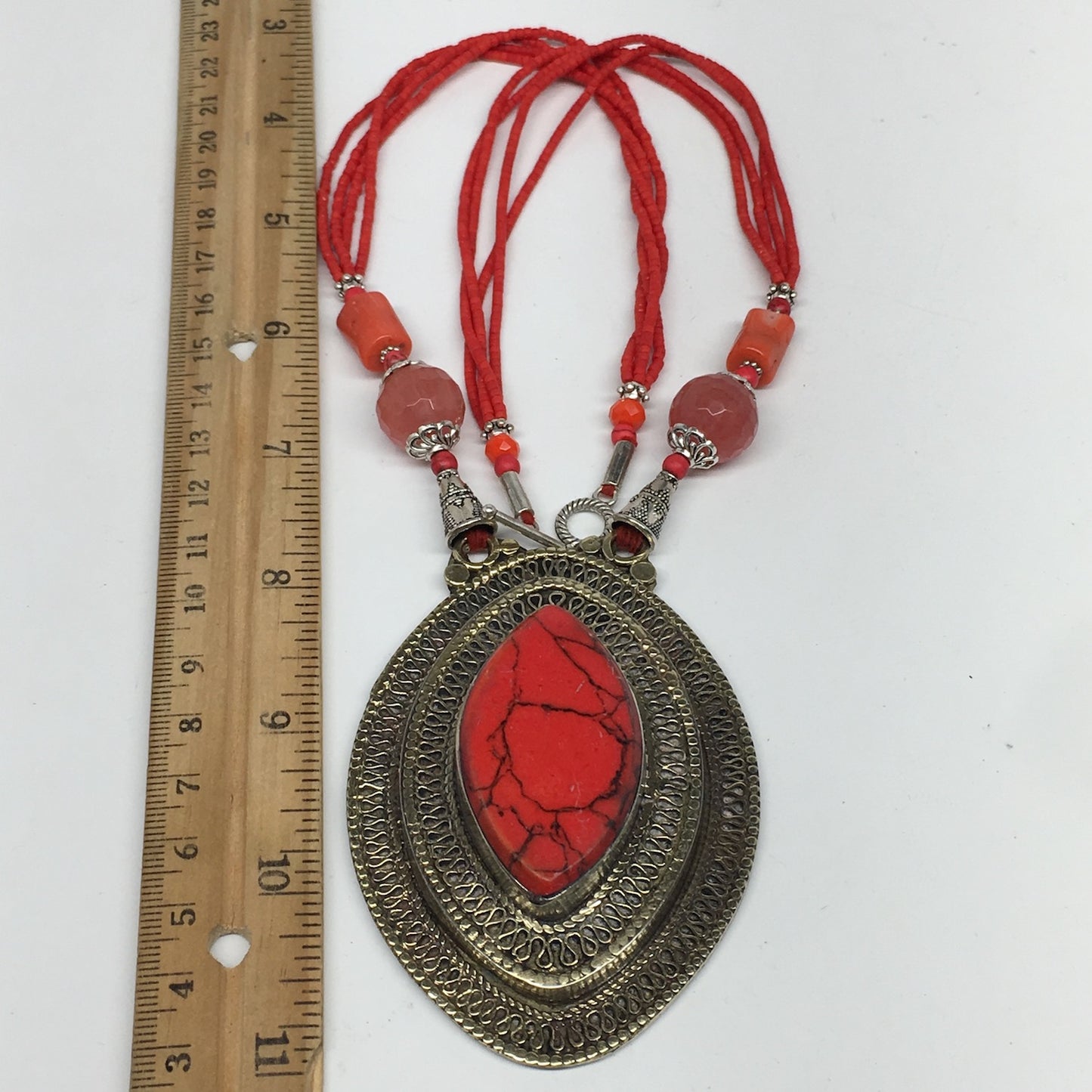 Turkmen Necklace Antique Afghan Tribal Coral Inlay Pendant Beaded Necklace VS56
