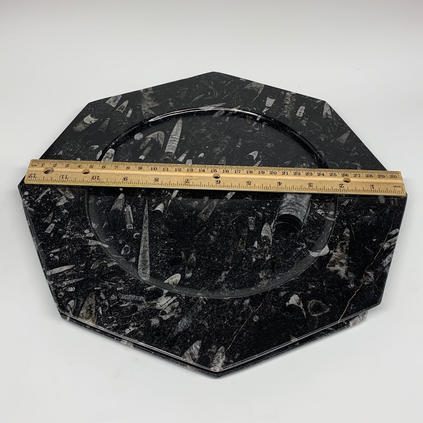 2pcs, 12" Large Octagon Shape Black Fossils Orthoceras Plates @Morocco, B8314