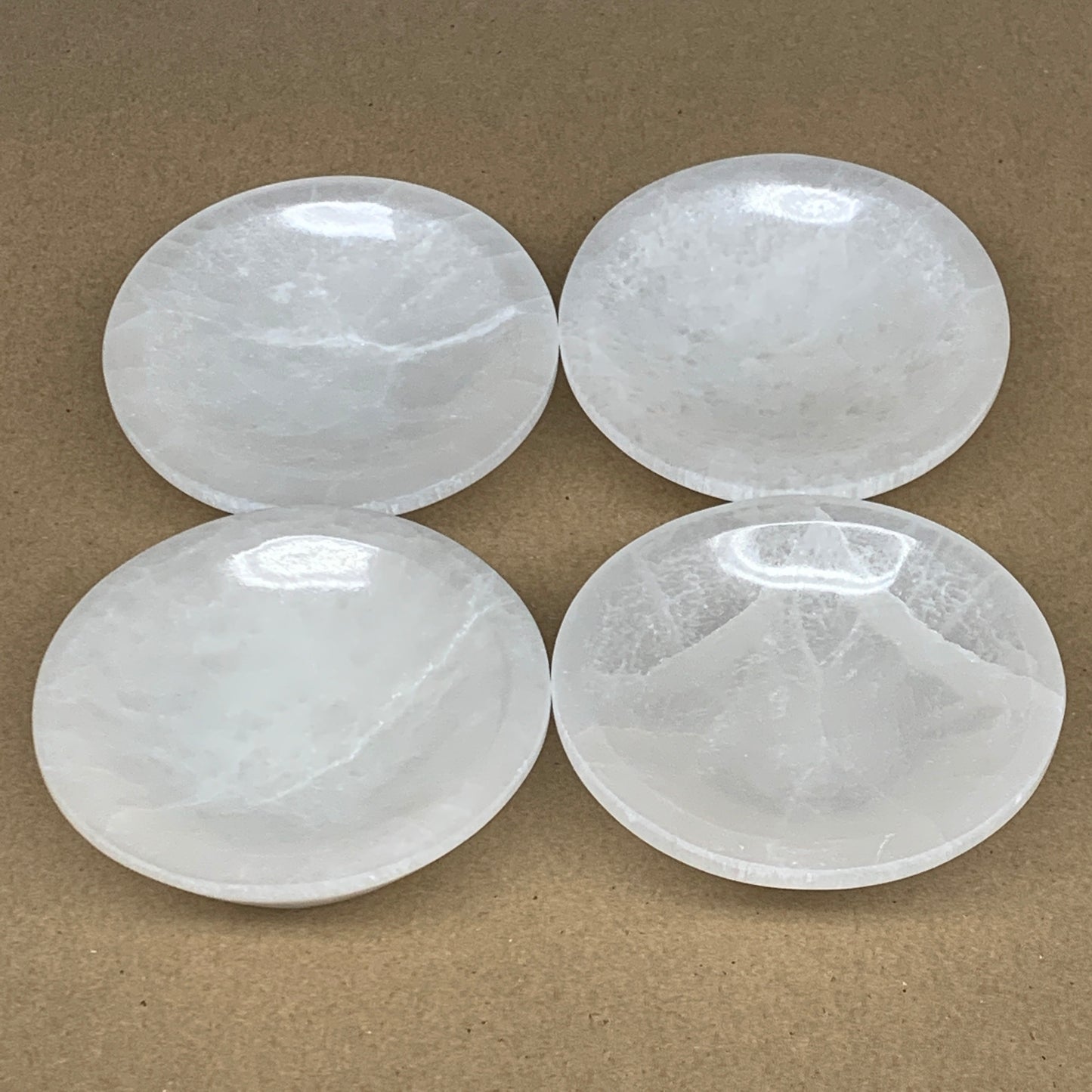 4pcs, 1166g, 3.9"-4" Natural Round Selenite Bowls Crystals from Morocco, B9192