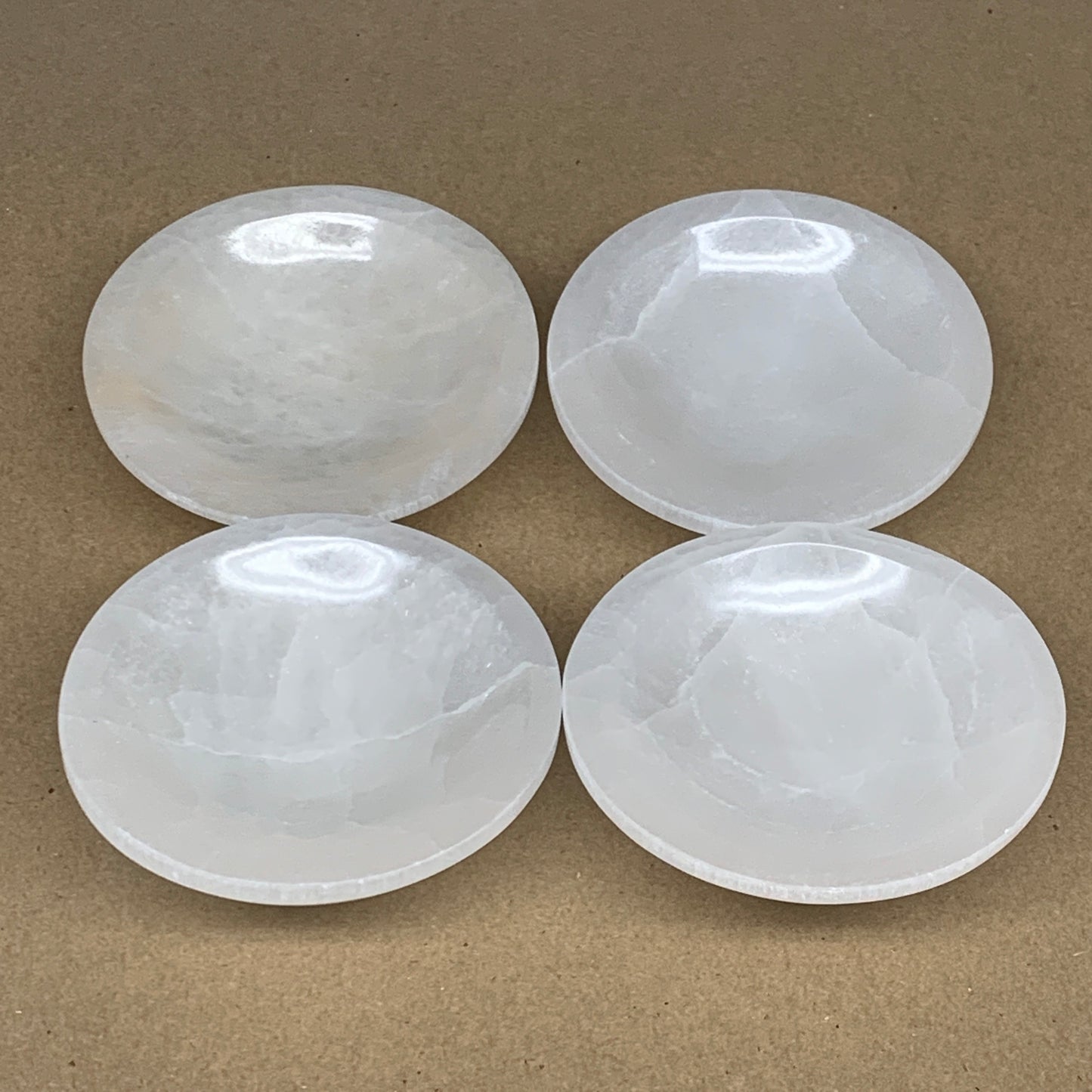 4pcs, 1168g, 3.9"-4" Natural Round Selenite Bowls Crystals from Morocco, B9193