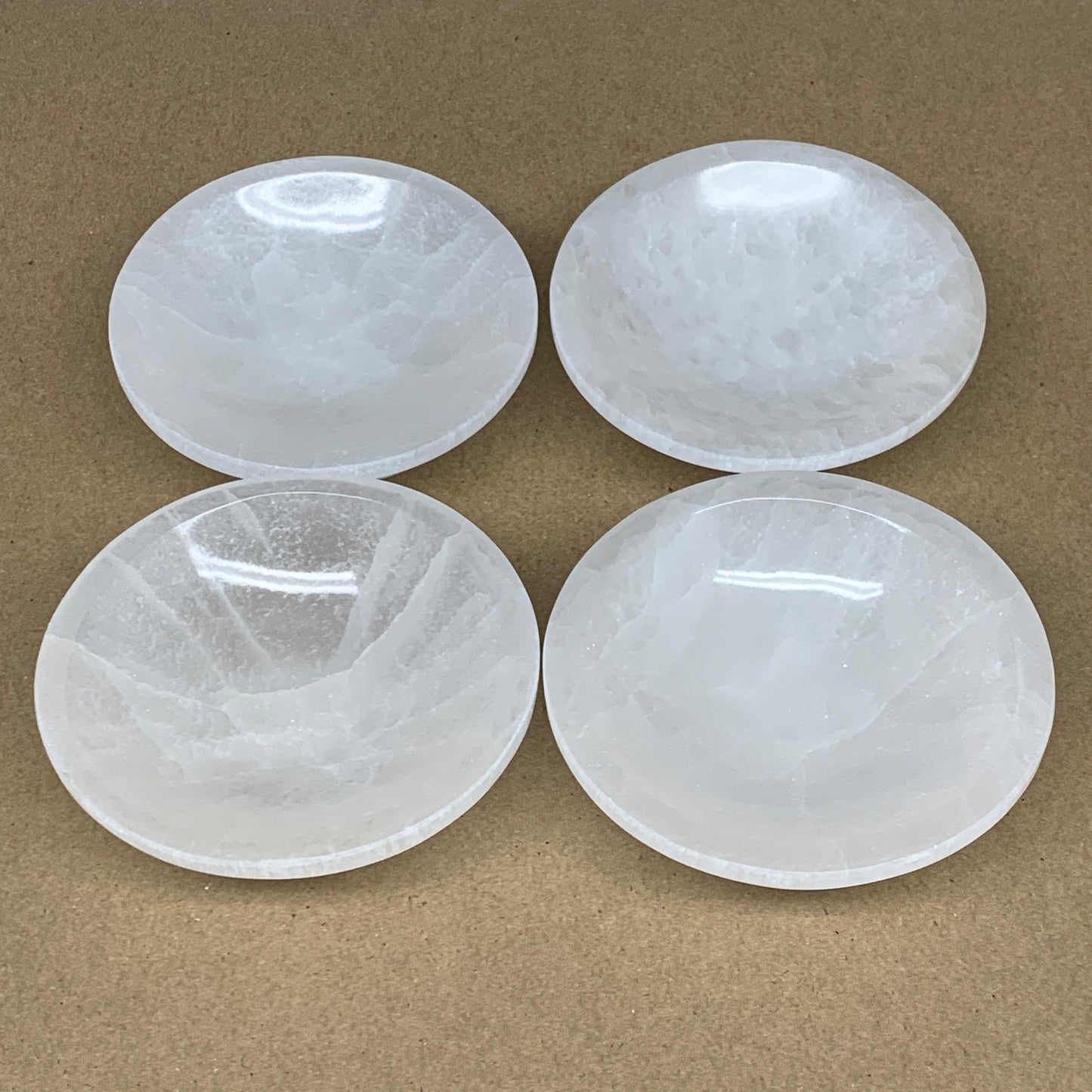 4pcs, 1090g, 3.9"-4" Natural Round Selenite Bowls Crystals from Morocco, B9196
