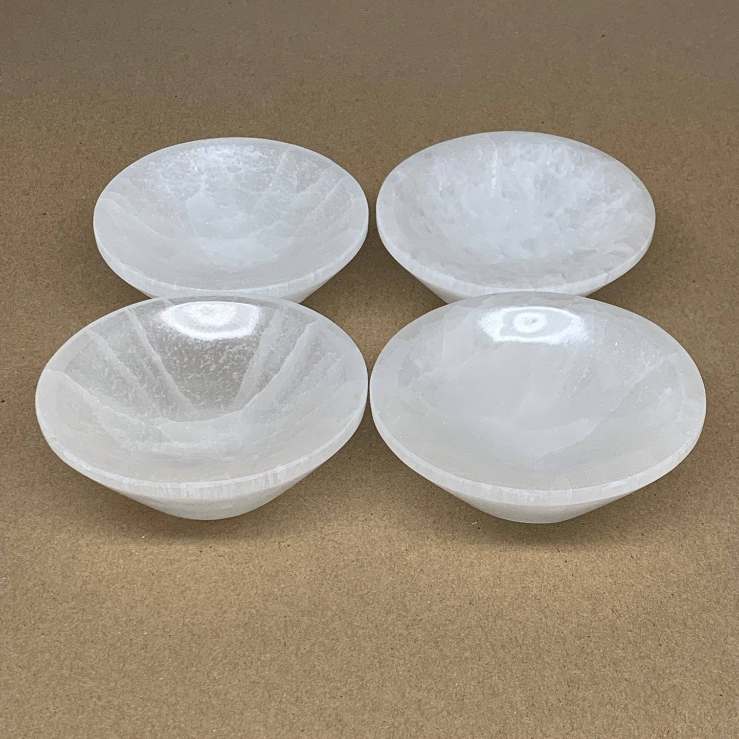 4pcs, 1090g, 3.9"-4" Natural Round Selenite Bowls Crystals from Morocco, B9196