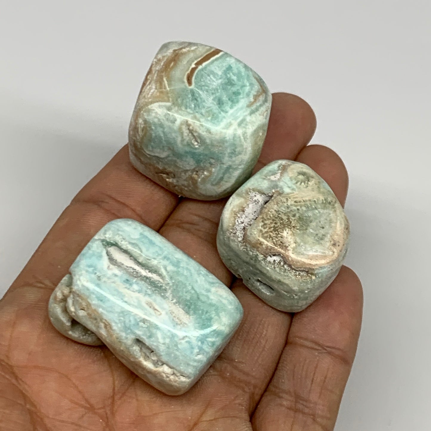 100.9g, 1"-1.3", 3pcs, Blue Aragonite Tumbled Stones @Afghanistan, B26968