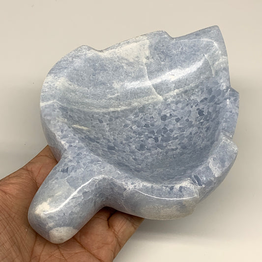 882g, 6.75"x4.7"x1.5" Natural Blue Calcite Bowl Leaf Gemstones Ashtray, B6363