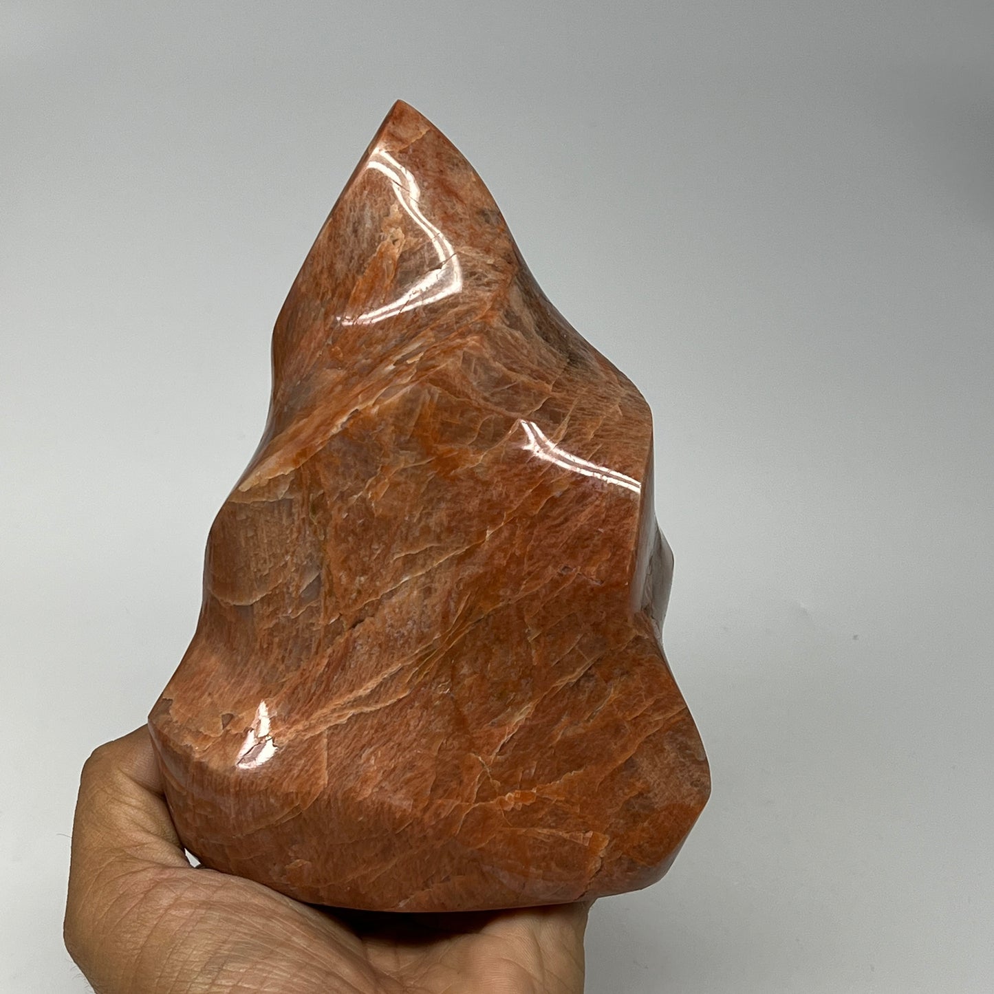 980g, 5.9"x4.3"x2.3", Natural Peach Moonstone Flame Gemstones Reiki Tool, B19571