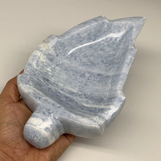 1276g, 8"x4.9"x1.8" Natural Blue Calcite Bowl Leaf Gemstones Ashtray, B6365