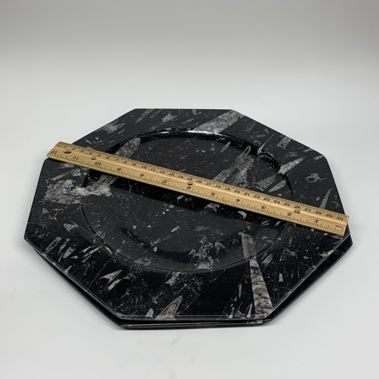 2pcs, 12" Large Octagon Shape Black Fossils Orthoceras Plates @Morocco, B8324