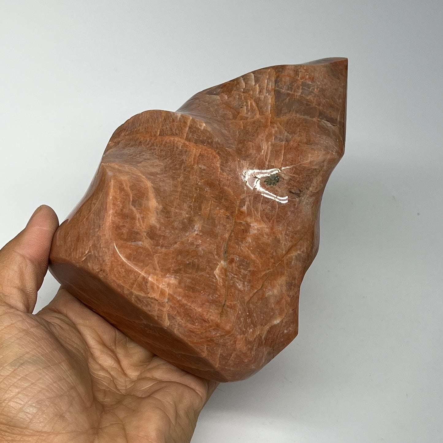 980g, 5.9"x4.3"x2.3", Natural Peach Moonstone Flame Gemstones Reiki Tool, B19571