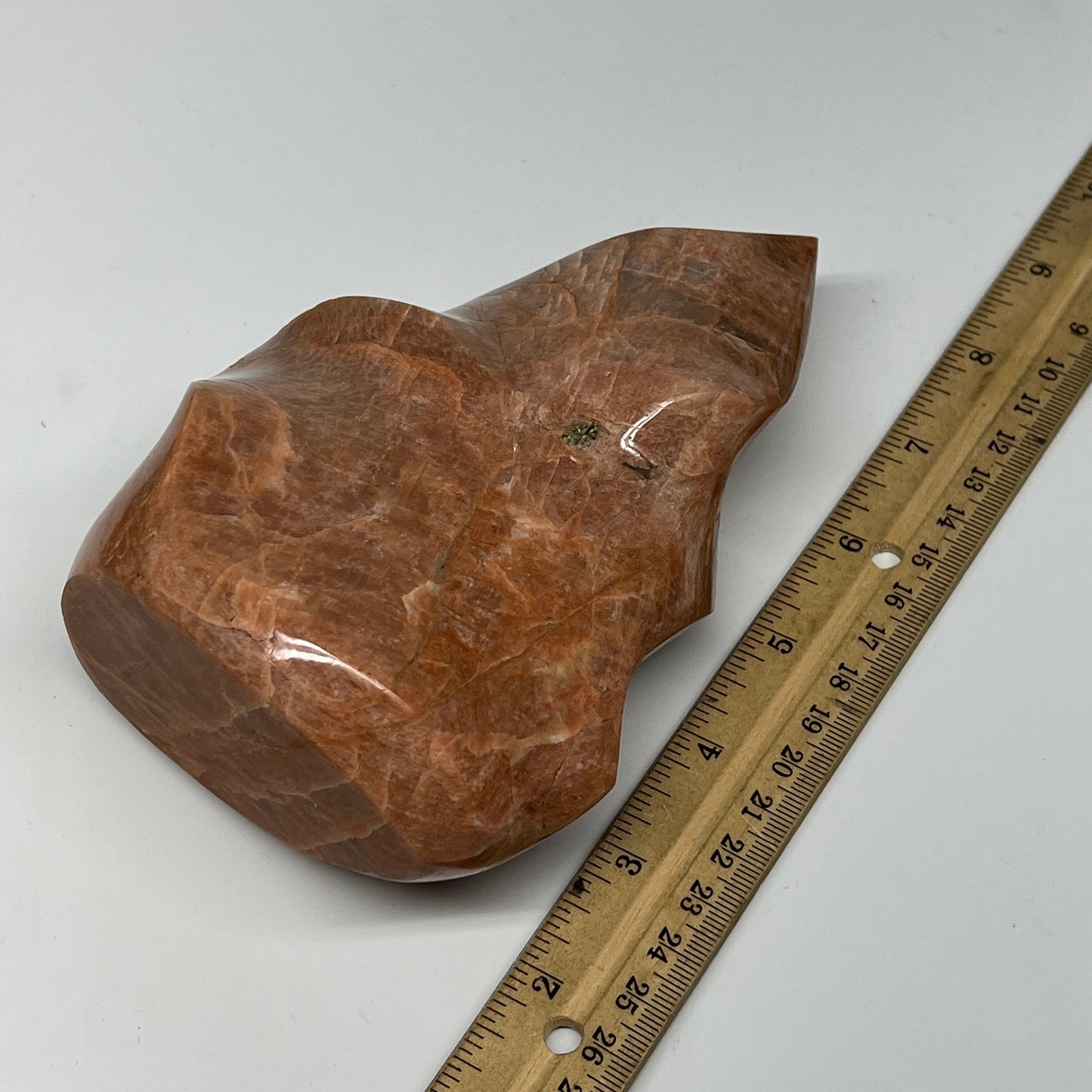 980g, 5.9"x4.3"x2.3", Natural Peach Moonstone Flame Gemstones Reiki Tool, B19571