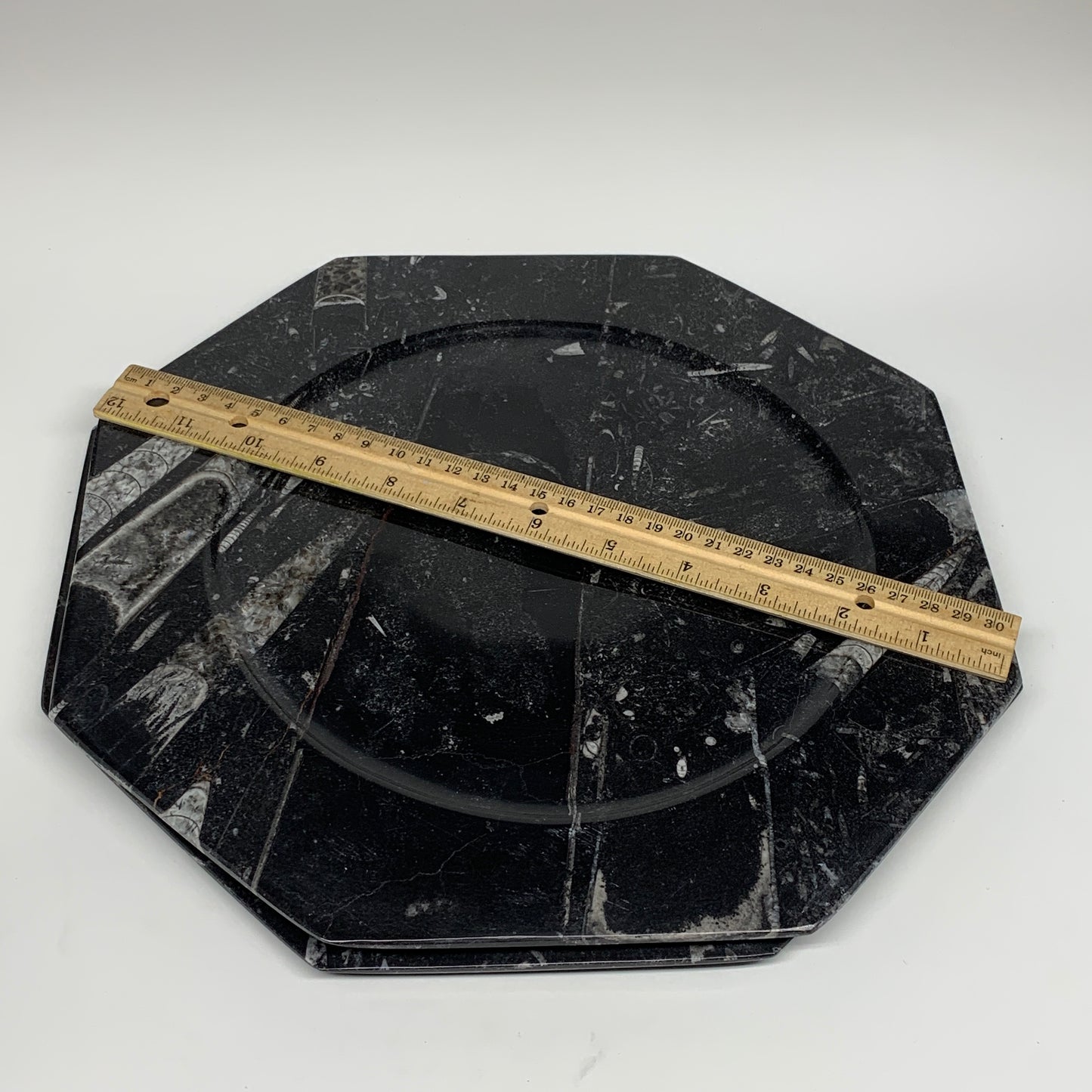 2pcs, 12" Large Octagon Shape Black Fossils Orthoceras Plates @Morocco, B8327