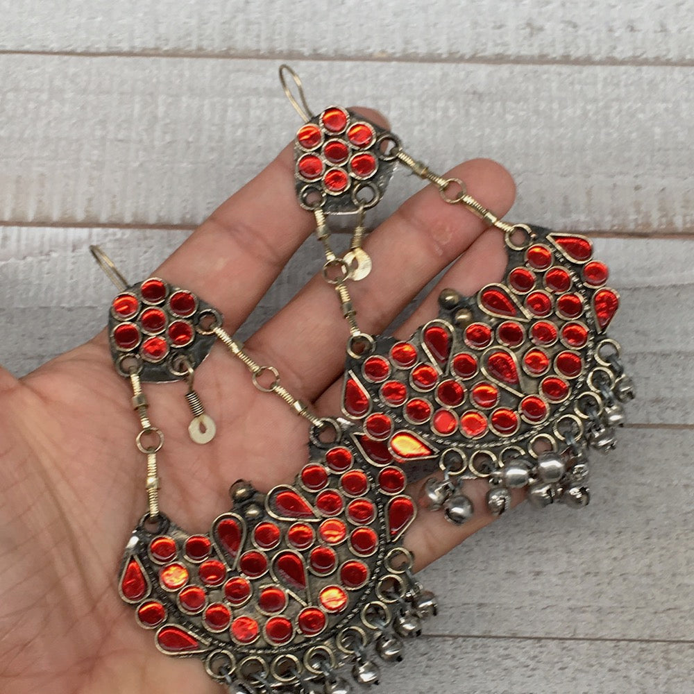 4.7", Long Handmade Afghan Kuchi Earring Dangle Red Glass Bells Chain, KE200
