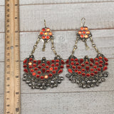 4.7", Long Handmade Afghan Kuchi Earring Dangle Red Glass Bells Chain, KE200