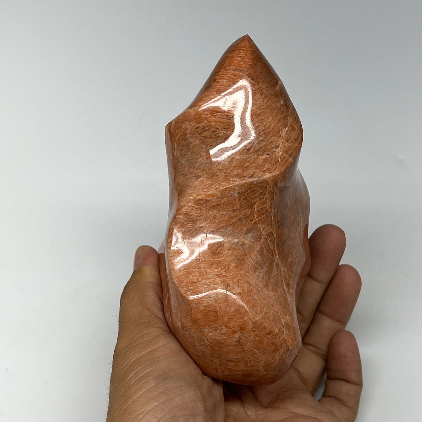 805g, 4.7"x3.9"x2.4", Natural Peach Moonstone Flame Gemstones Reiki Tool, B19575