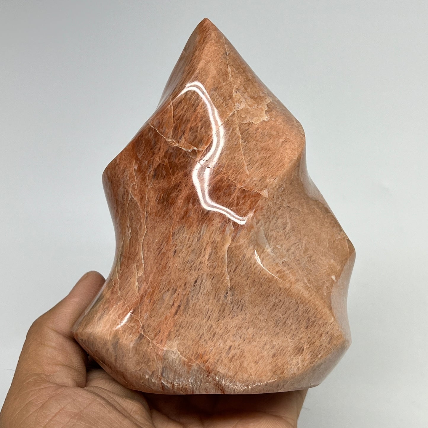 680g, 4.7"x3.7"x2.3", Natural Peach Moonstone Flame Gemstones Reiki Tool, B19577