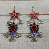 Kuchi Earring Afghan Tribal Blue, Red Glass Jingle Bells Earring Bib Boho KE204