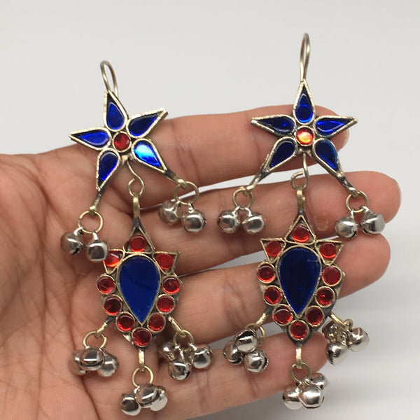 Kuchi Earring Afghan Tribal Blue, Red Glass Jingle Bells ATS Star Earring KE205 - watangem.com