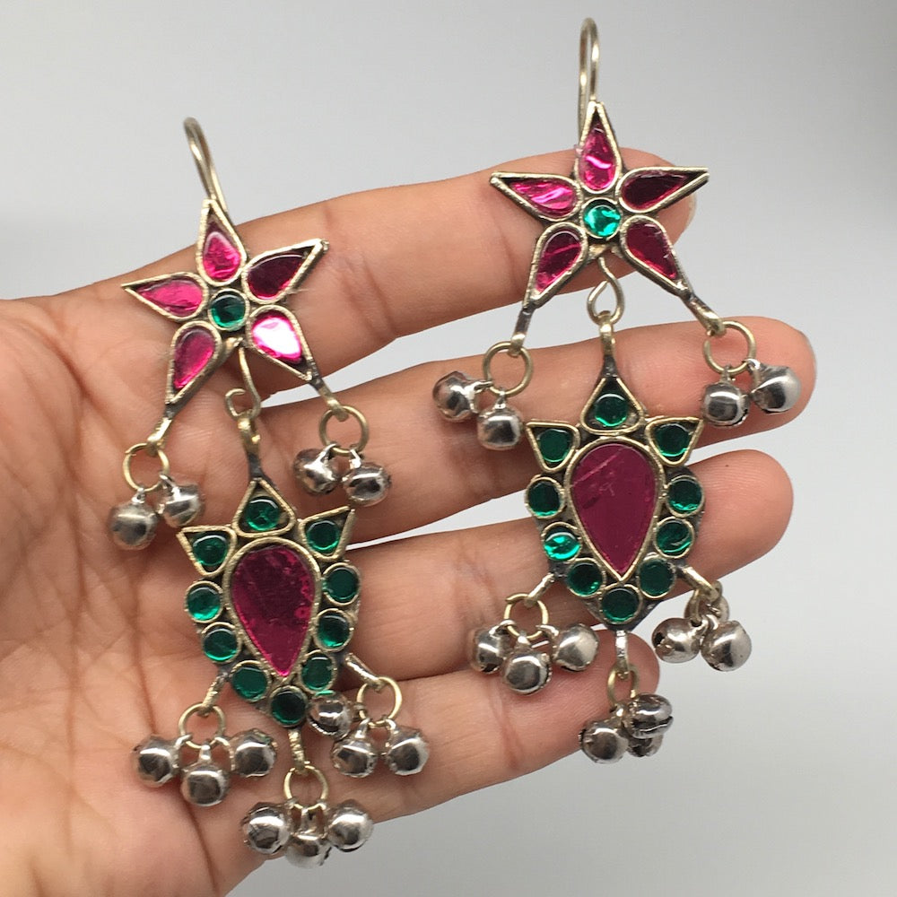 Kuchi Earring Afghan Tribal Green, Pink Glass Jingle Bells Star Earring KE206 - watangem.com