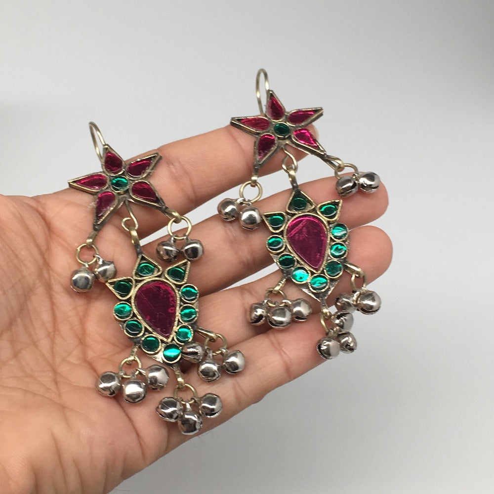 Kuchi Earring Afghan Tribal Green, Pink Glass Jingle Bells Star Earring KE206 - watangem.com