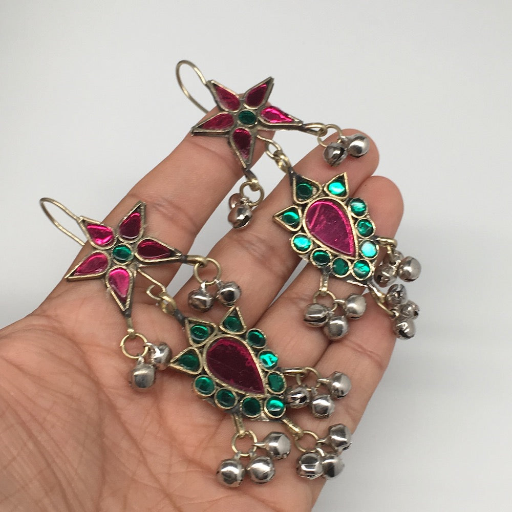 Kuchi Earring Afghan Tribal Green, Pink Glass Jingle Bells Star Earring KE206 - watangem.com